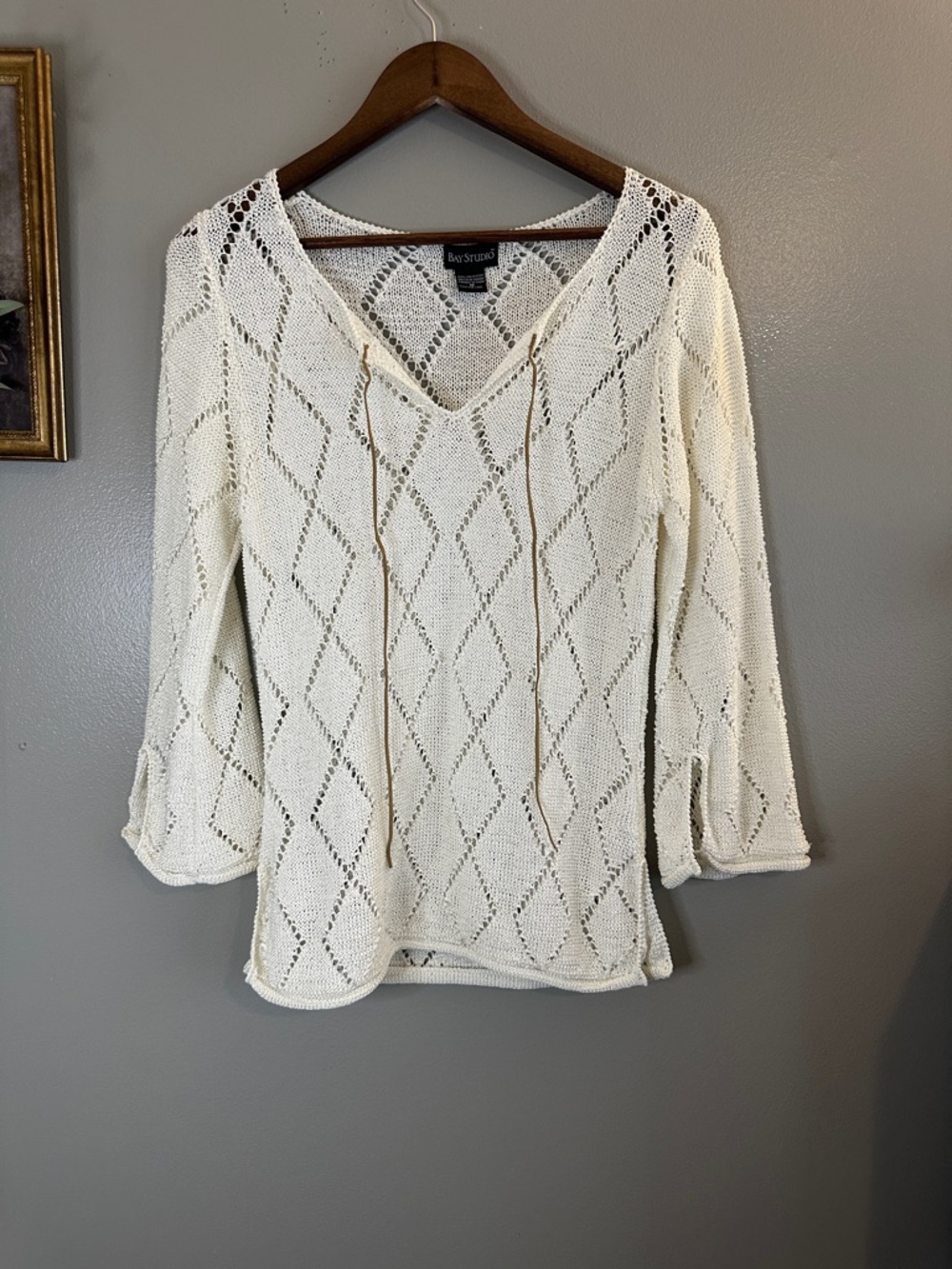 Bay Studio Ivory Open Knit Boho Sweater Bell Sleeve Lace Up Top M - Picture 2 of 6
